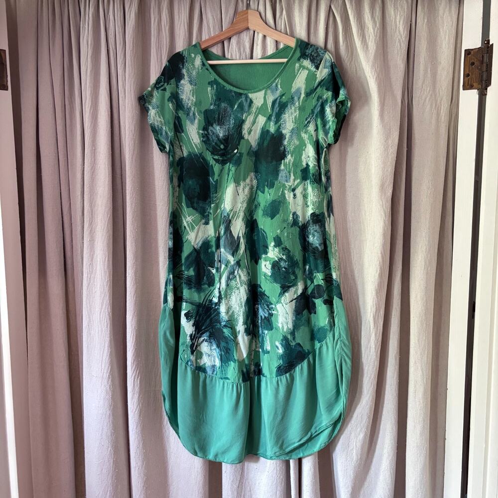 Lagenlook Abstract Watercolor Print Mixed Cotton Dress Green Made in Italy‎ M/L